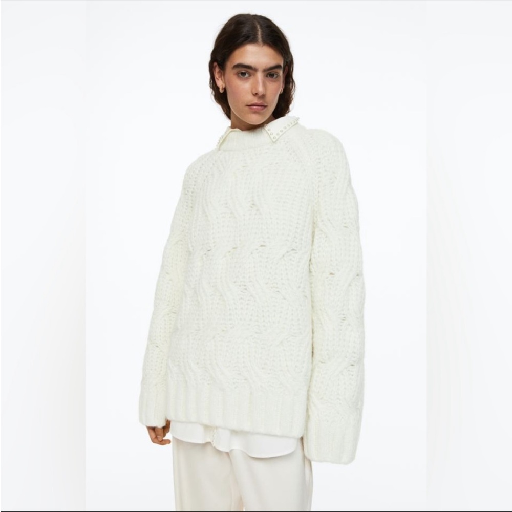 Oversized wool blend cable Knit sweater white Small bloggers favorite